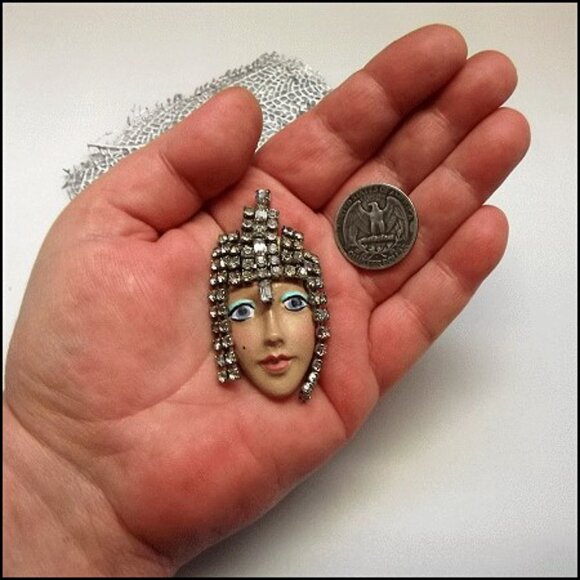 1950s Art Deco Flapper Lady Bisque Porcelain Vintage Face Brooch - Picture 5 of 7